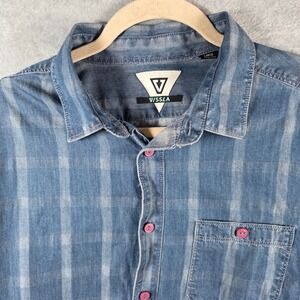 Vissla Button Down Shirt Mens Large Blue Plaid Long Sleeve Pink Buttons